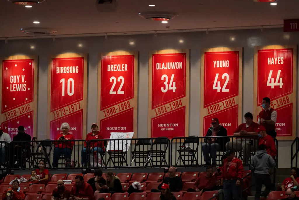 Hakeem Olajuwon's retired number is up on the concourse wall at the Fertitta Center. And he's one of the 10 greatest NBA players of all time.  (Photo by F. Carter Smith)