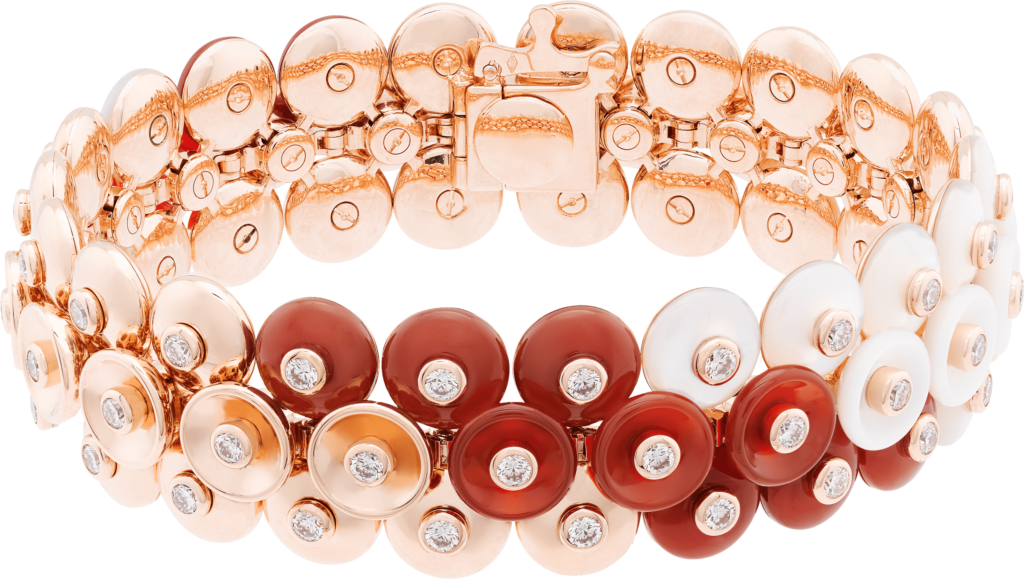 Van Cleef & Arpels Bouton d’or bracelet featuring diamonds, carnelian and white mother-of-pearl set in 18K rose gold, $44,440
