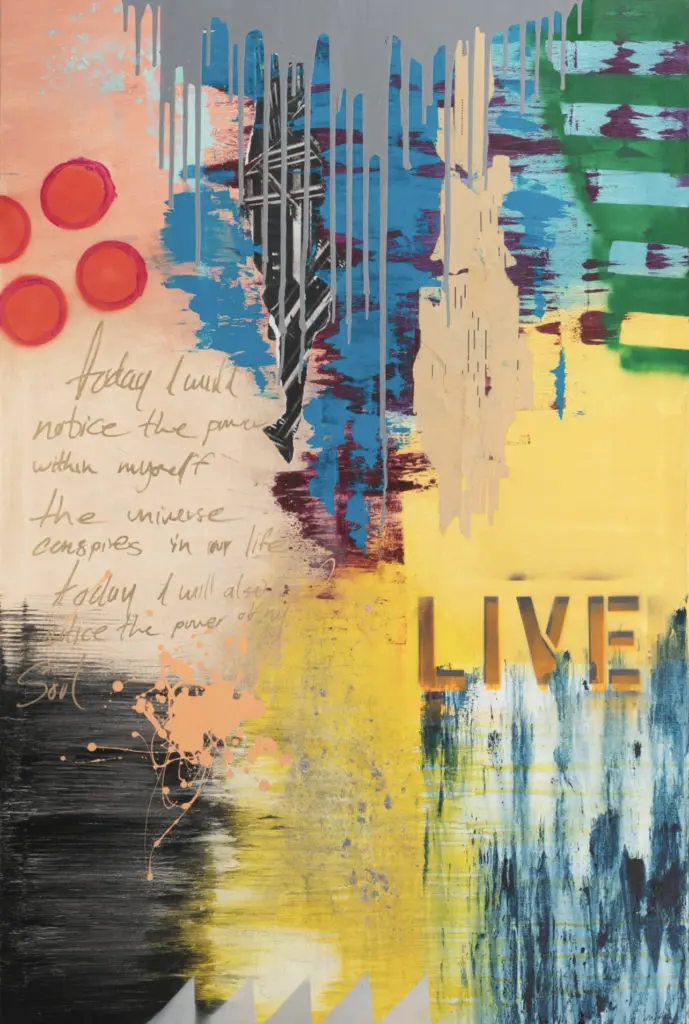 Houston painter Edgar Medina's "LIVE" series, 2022, at the Fresh Arts So Unbelievable Auction Pop Up