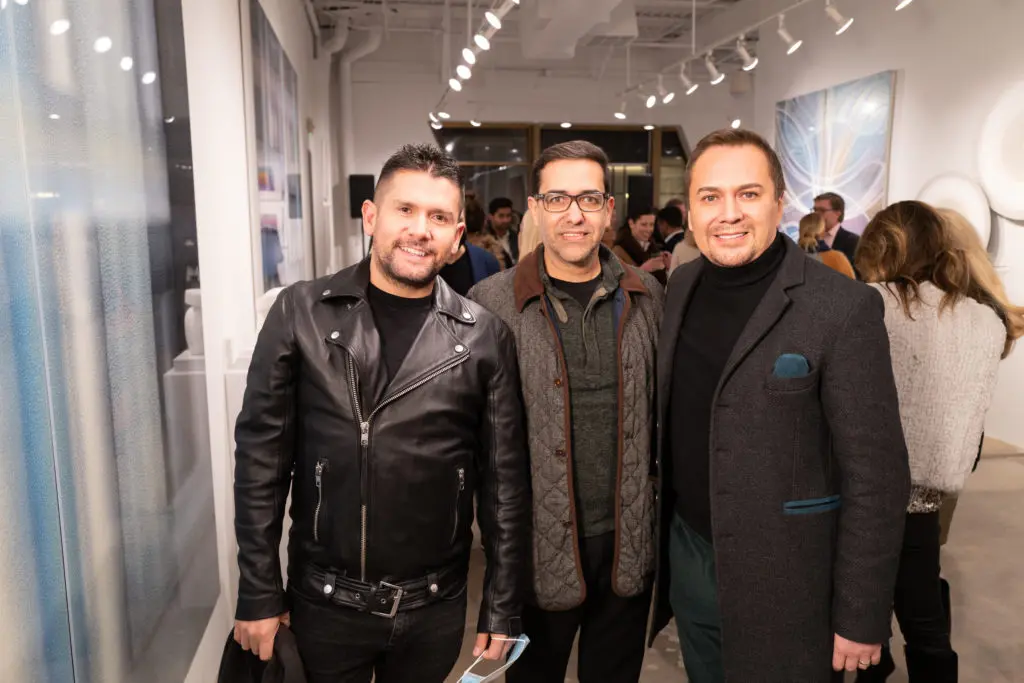 Miguel Moscoso, Marcelo Saenz & Adrian Dueñas at the opening of artist Christopher Martin's gallery in the Upper Kirby District's Gallery Row in Houston. (Photo by Daniel Ortiz)
