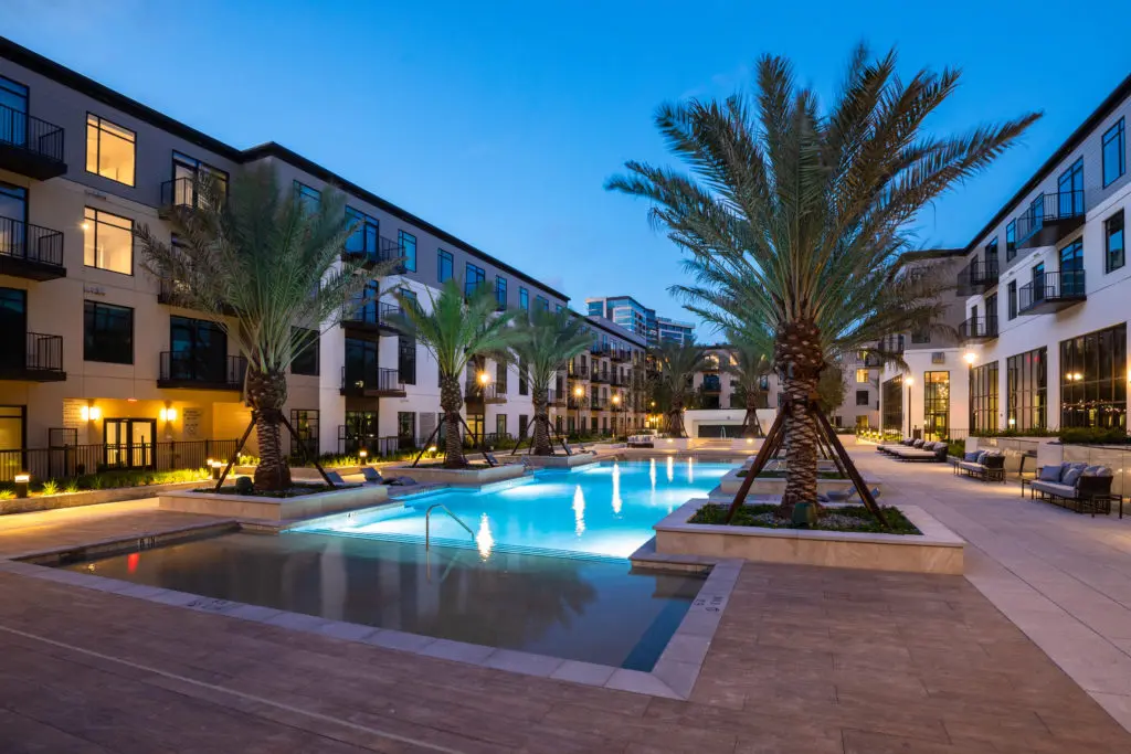The 102-foot long resort style pool is focal point of the fourth floor terrace on The Sterling at Regent Square, a project of GID Development Group.