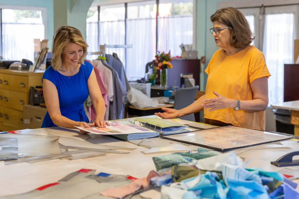 Samantha picks fabrics for guayabera shirts with Caroline Matthews of Dos Carolinas in San Antonio.