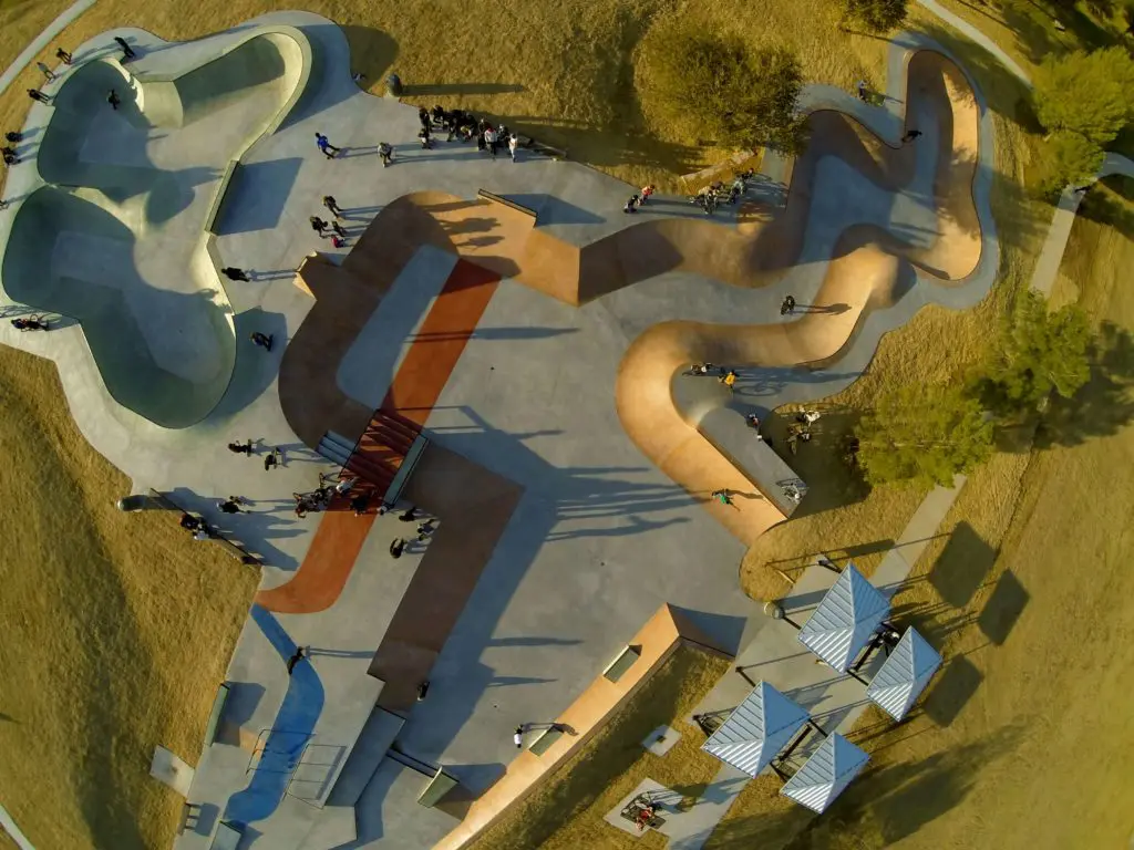 This aerial view of Arlington's Vandergriff Skate Park designed by New Line Skateparks, is a peek at what's in store for Dickies Skate Plaza.