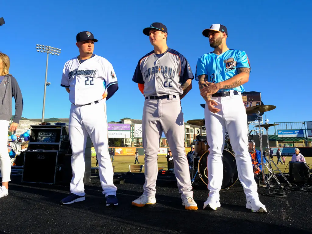 Houston Astros prospects Chad Donato, Korey Lee and Brett Conine showed off the new Space Cowboys look. (Photo by F. Carter Smith)