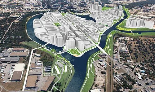 A rendering of potential future development after the island known as Central City is created by the bypass channel in the Trinity River plan.