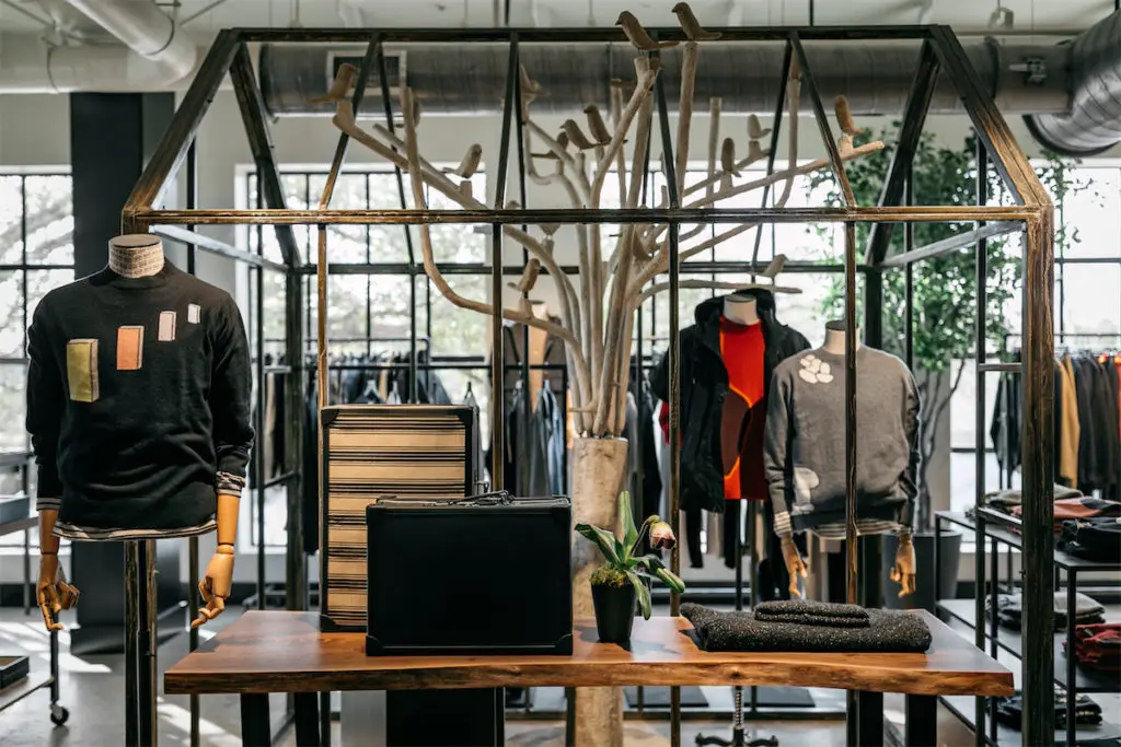 In a greenhouse with the much-loved bird tree from Forty Five Ten on McKinney, is menswear from Leret Leret, Tanner Krolle, Gabriela Hearst. (Photo by Rebecca Patton for Beckley)