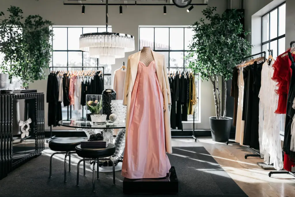 An Adam Lippes gown highlights a vignette at The Conservatory on Two in Dallas. (Photo by Rebecca Patton for Beckley)