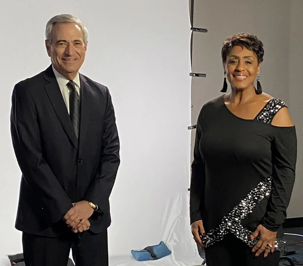 Seven Acres president Michael Feinstein and journalist Linda Lorelle during filming of the gala virtual video.