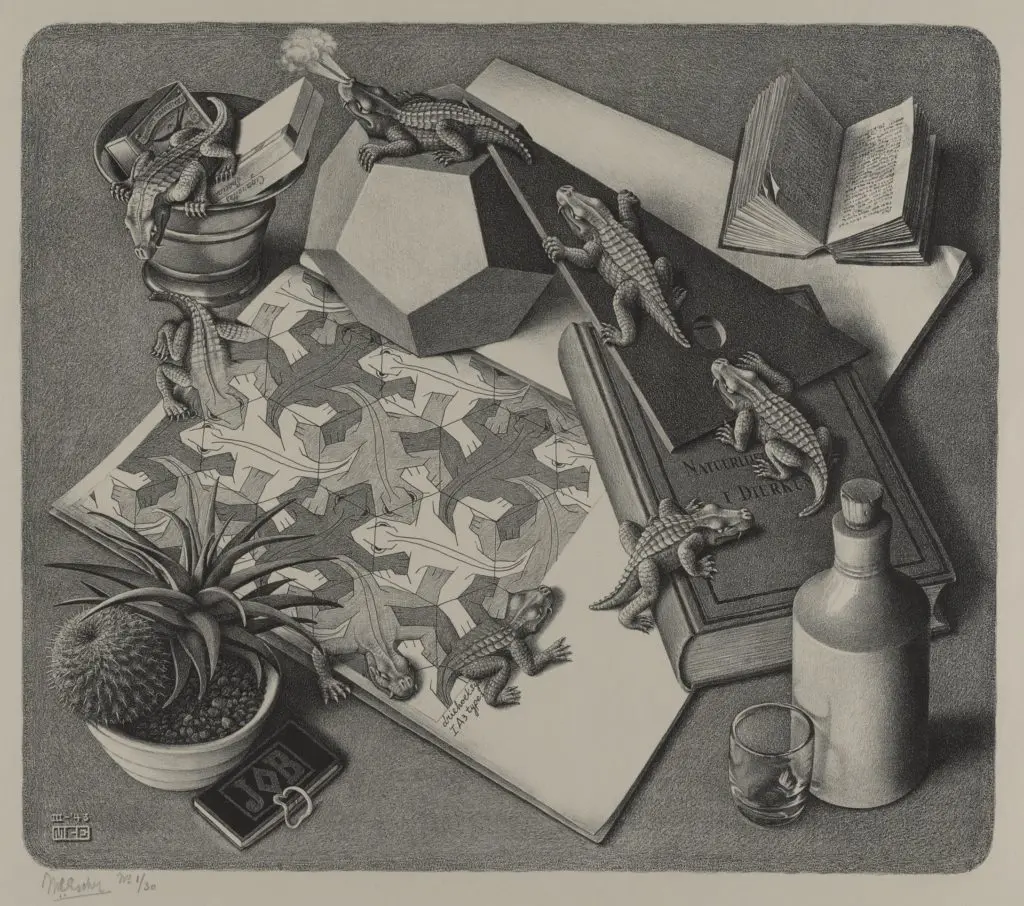 Escher's fascination with tesselated patterns emerges in the lithograph, Reptiles. 