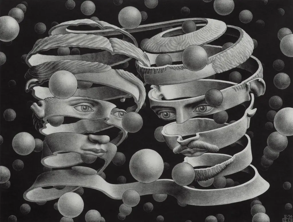 In Escher's woodcut, Bond of Union, 1956, two spirals converge in a futuristic realm, seemingly intertwining twin souls through the figurative representation of woman and head's head floating in a sea of spheres.
