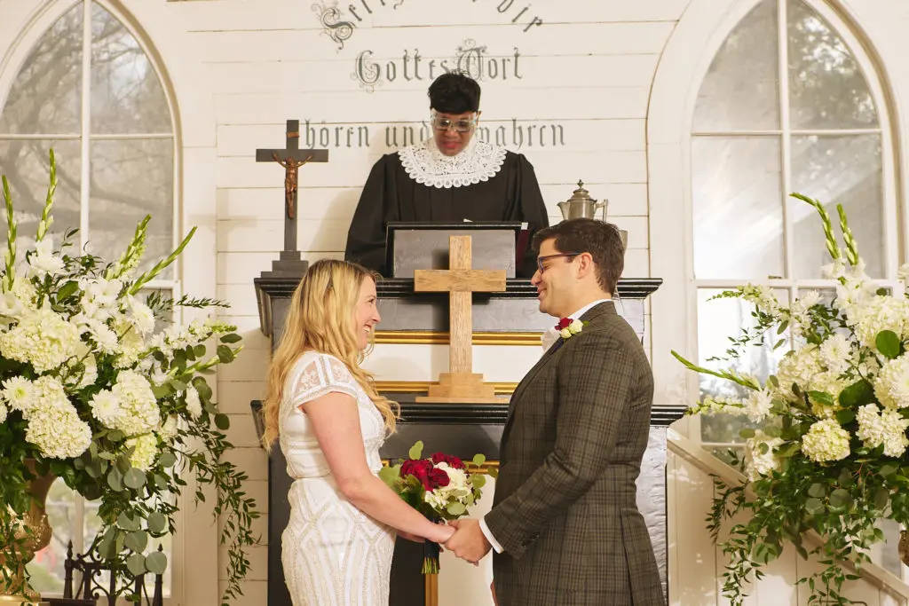 Justice of the Peace Wanda Adams marries a Valentine’s Day bride and groom on February 14, 2021.