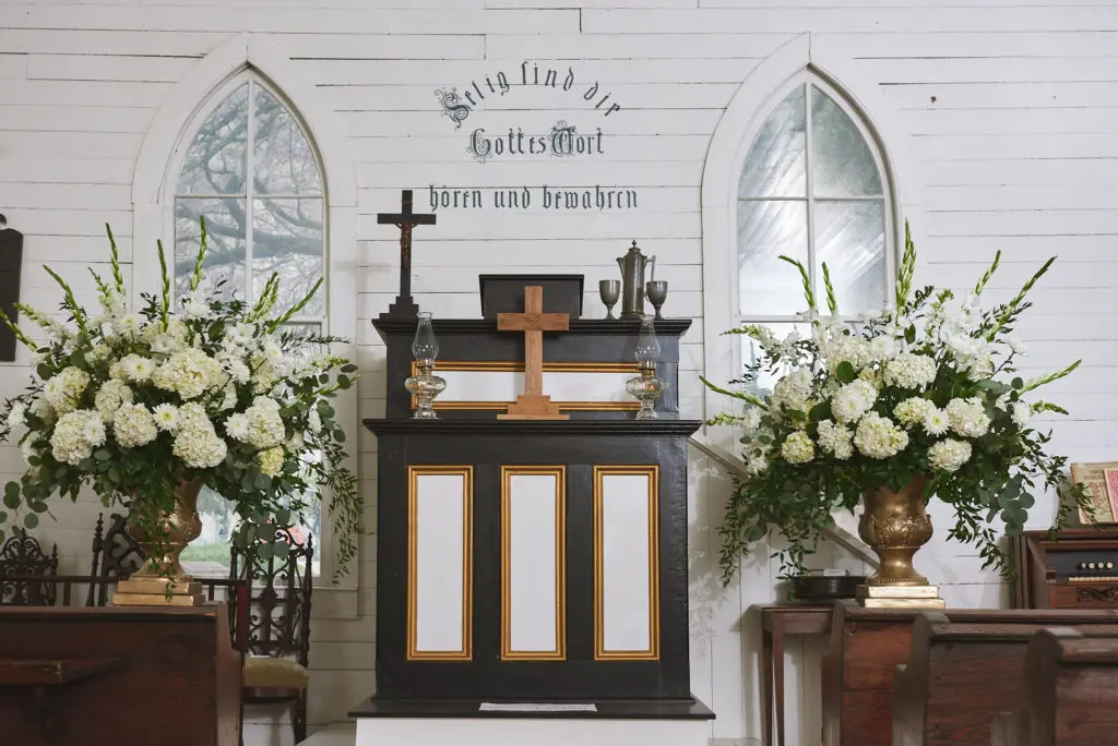 The St. John Church decked out in wedding finery. The church was built by German and Swiss immigrant farmers in 1891, and saved by The Heritage Society in 1968.