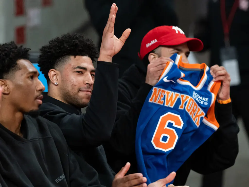 Quentin Grimes, who is impressing as a rookie with the New York Knicks, received a rousing welcome back from the Houston crowd. At his left, Armani Brooks has proven himself to be very NBA worthy too. (Photo by F. Carter Smith)