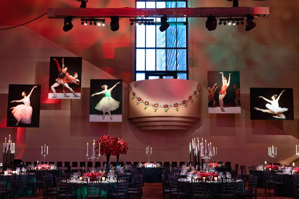 Jewels on the balcony and images of Houston Ballet dancers adorn the walls of Wortham Theater Center for the ballet ball. (Photo by Alida Boni Faz)