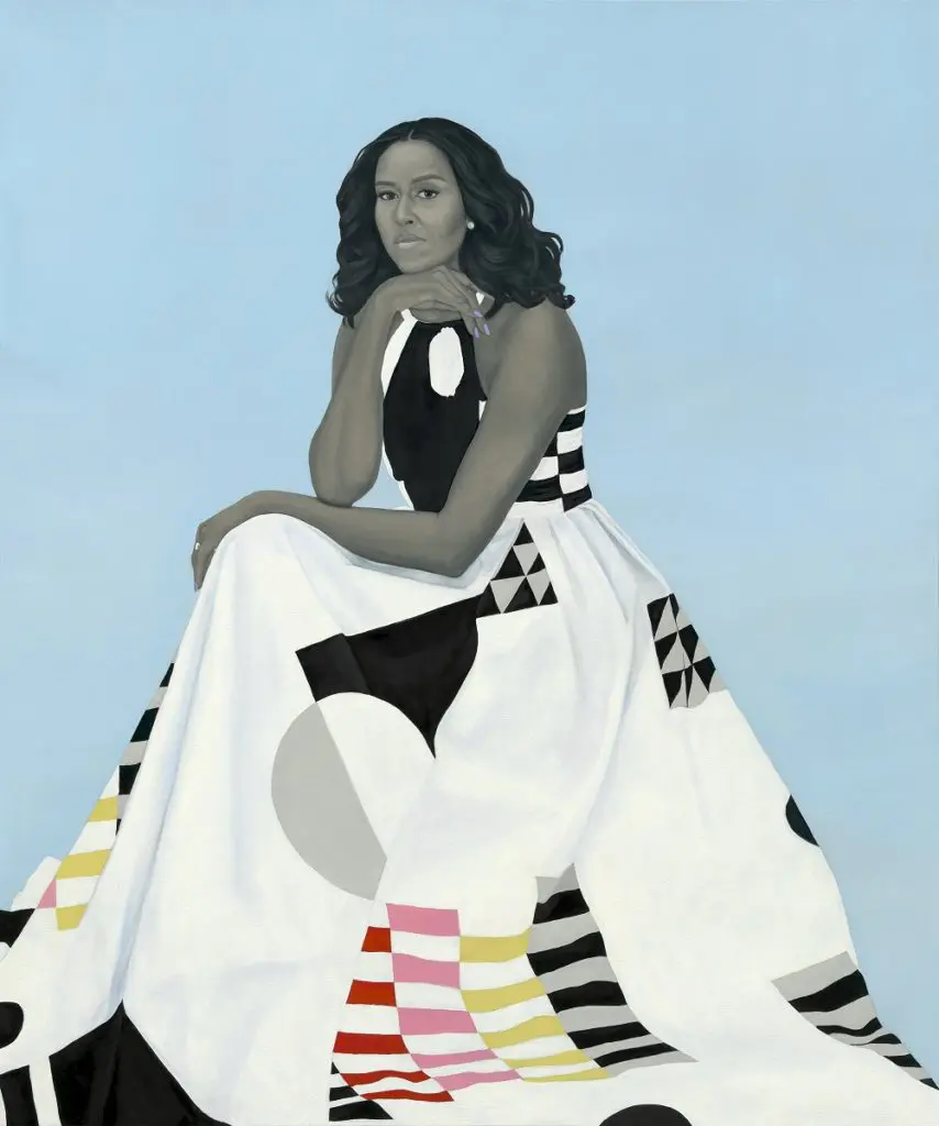 Set against a light blue background, First Lady Michelle Obama is depicted in a realm of elegance by emerging painter Amy Sherald.