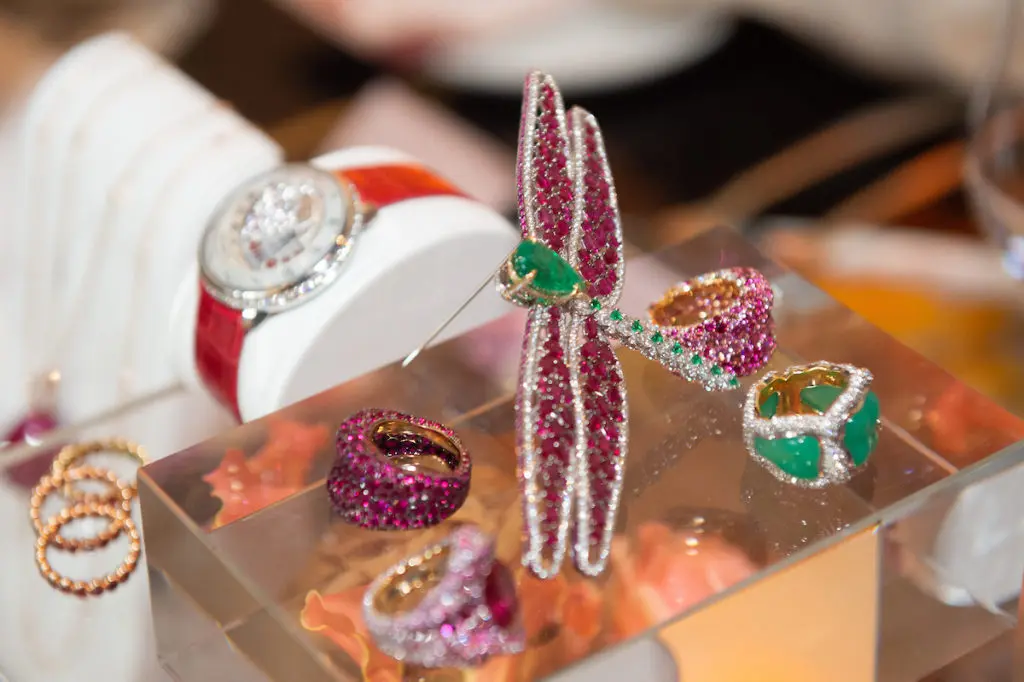 Fabulous Fabergé jewels as tabletop decoration at Musaafer where The Galleria and PaperCity hosted a spring luncheon. (Photo by Wilson Parish)