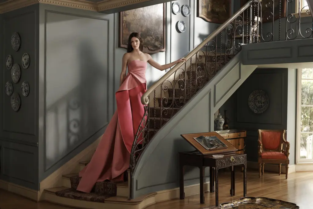 This dress from Carolina Herrera for spring captures the eye with a two-tone take on pink.