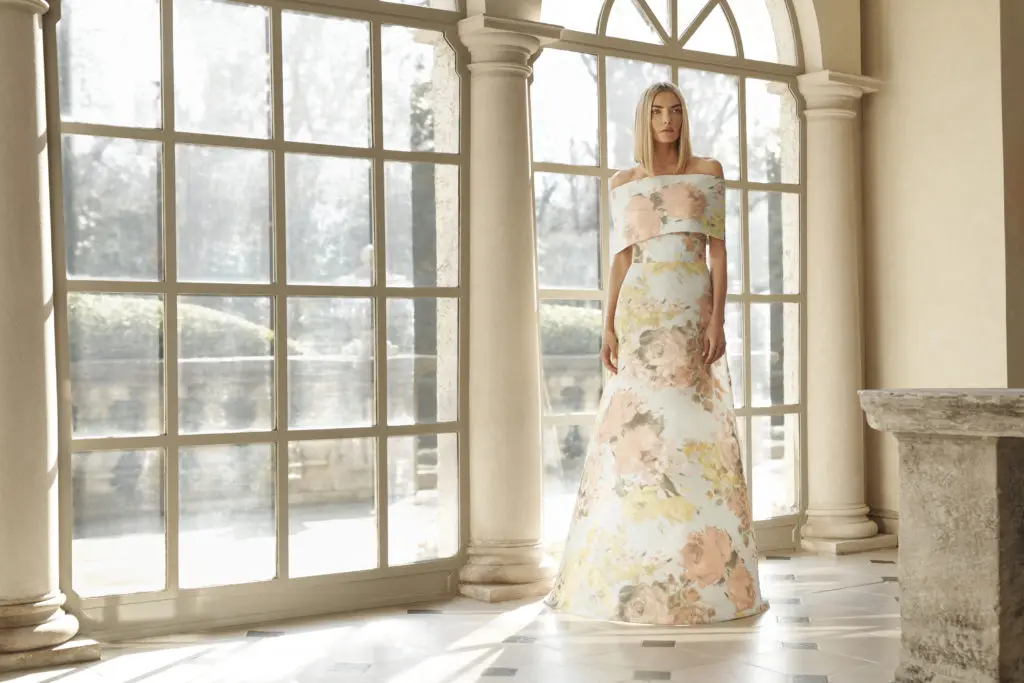 Texas-born designer Lela Rose debuts soft florals in this feminine silhouette.