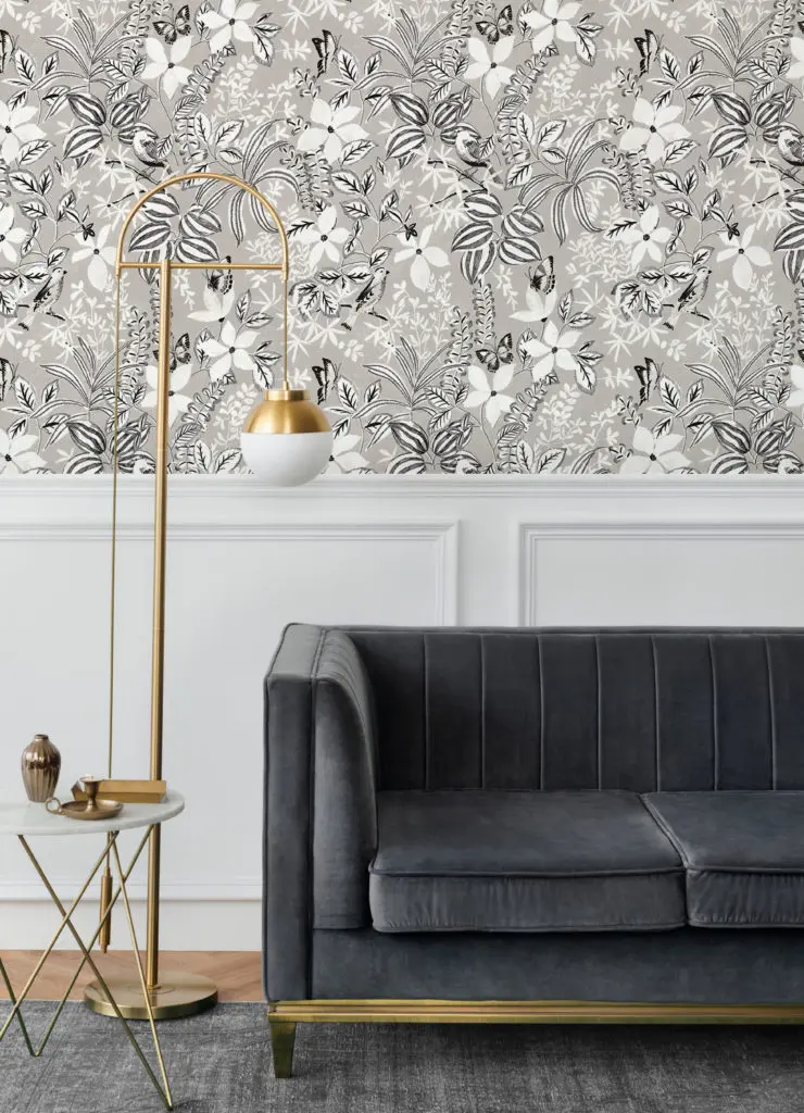 Rachel Zoe's new wallpaper collab in gray Willa Flower.