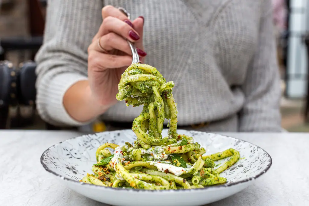 Housemade Bucatini Alla Pesto Siciliano at Trattoria Sofia. (Photo by Jenn Duncan)