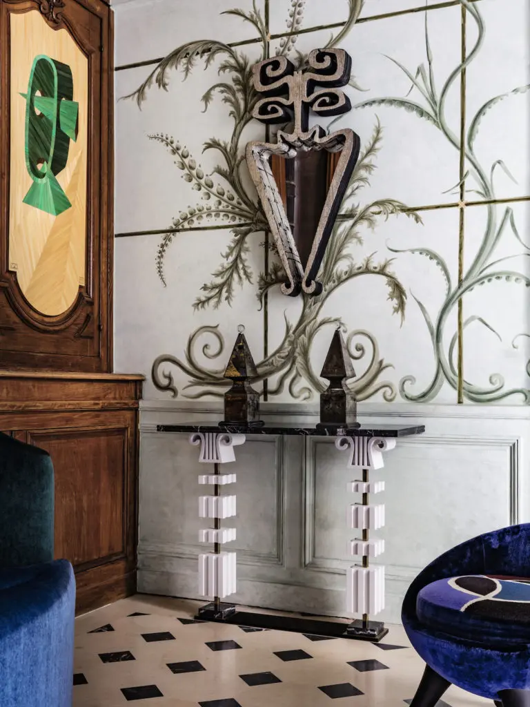 Vincent Darré x OKA Lyric Console Table, $5,195, crafted with wood, brass, and marble.