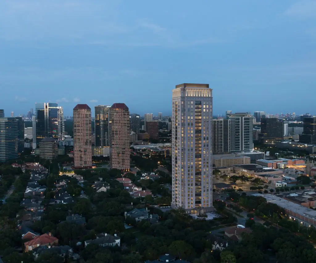 The tower’s top floor features Paladio-inspired arches surrounding an entertaining room and 75-foot pool. 
