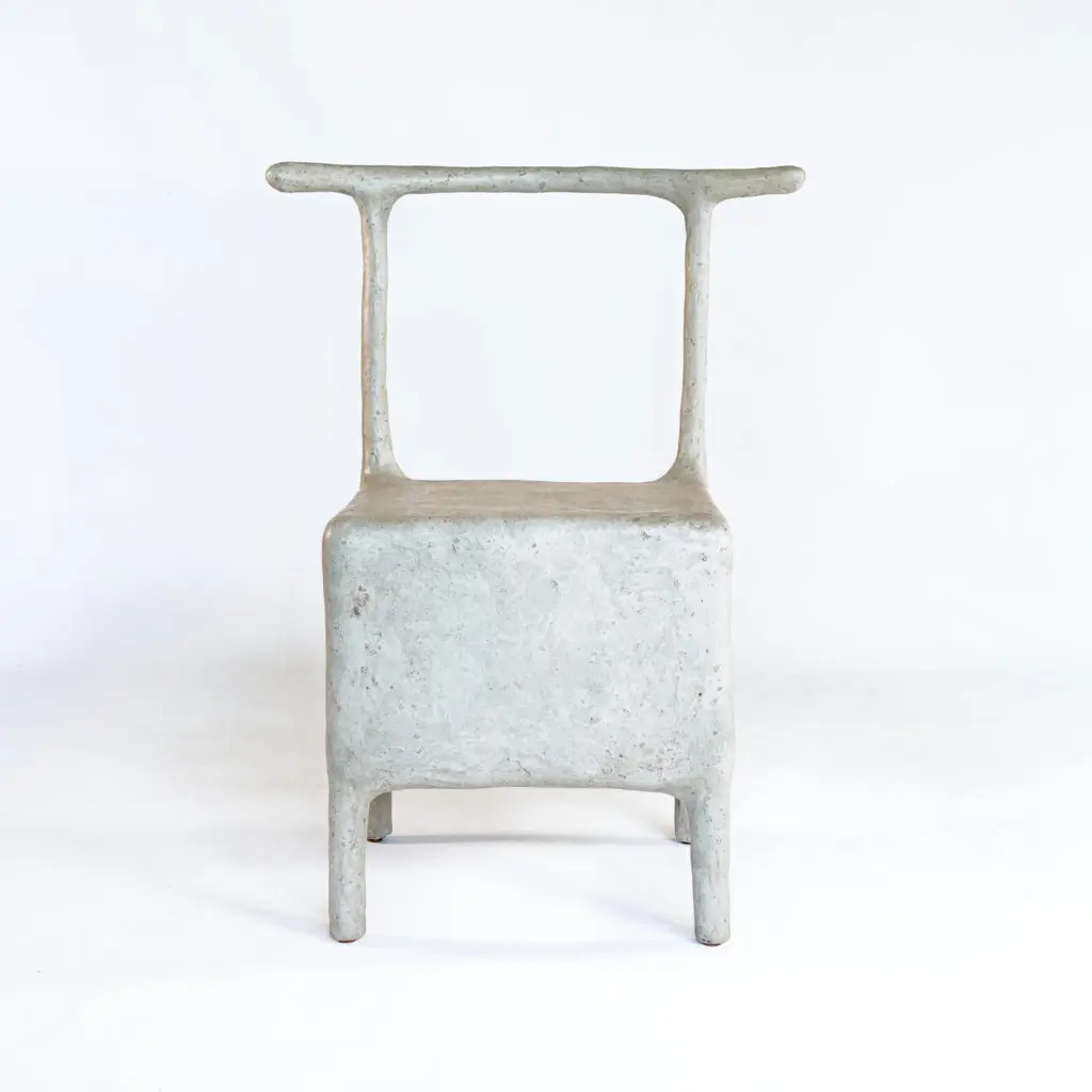Daniel Lefkowitz's environmentally conscious, sculptural chairs are formed from recycled newspaper pulp, among the highlights of the artisanal American-made furniture collection presented by Mill Collective at The Halles, Round Top.