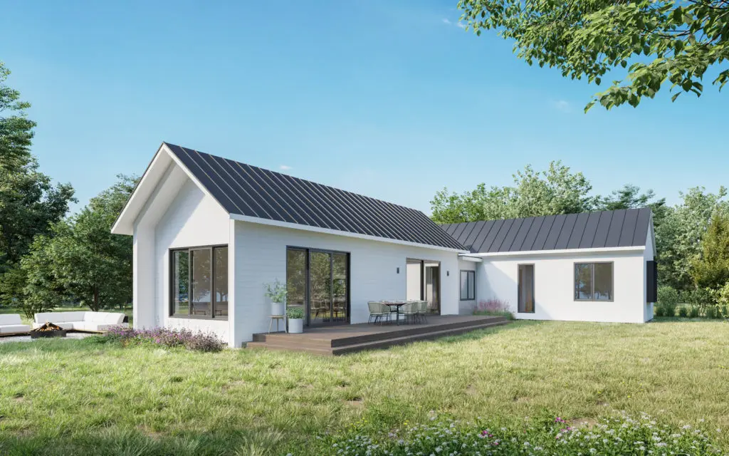 Boxprefab’s Modern Farmhouse with standing-seam metal roof, wood deck, hardwood floors, kitchen with LG stainless appliances, and wine storage,  European millwork with Silestone counters, floating vanities, Hansgrohe chrome fixtures, and pendant lighting.