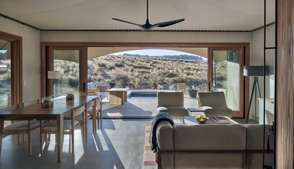 There are 10 one of two bedroom pavilions at Camp Sarika, all with living areas and ample space to spread out and stay awhile. (Photo courtesy of Amangiri)