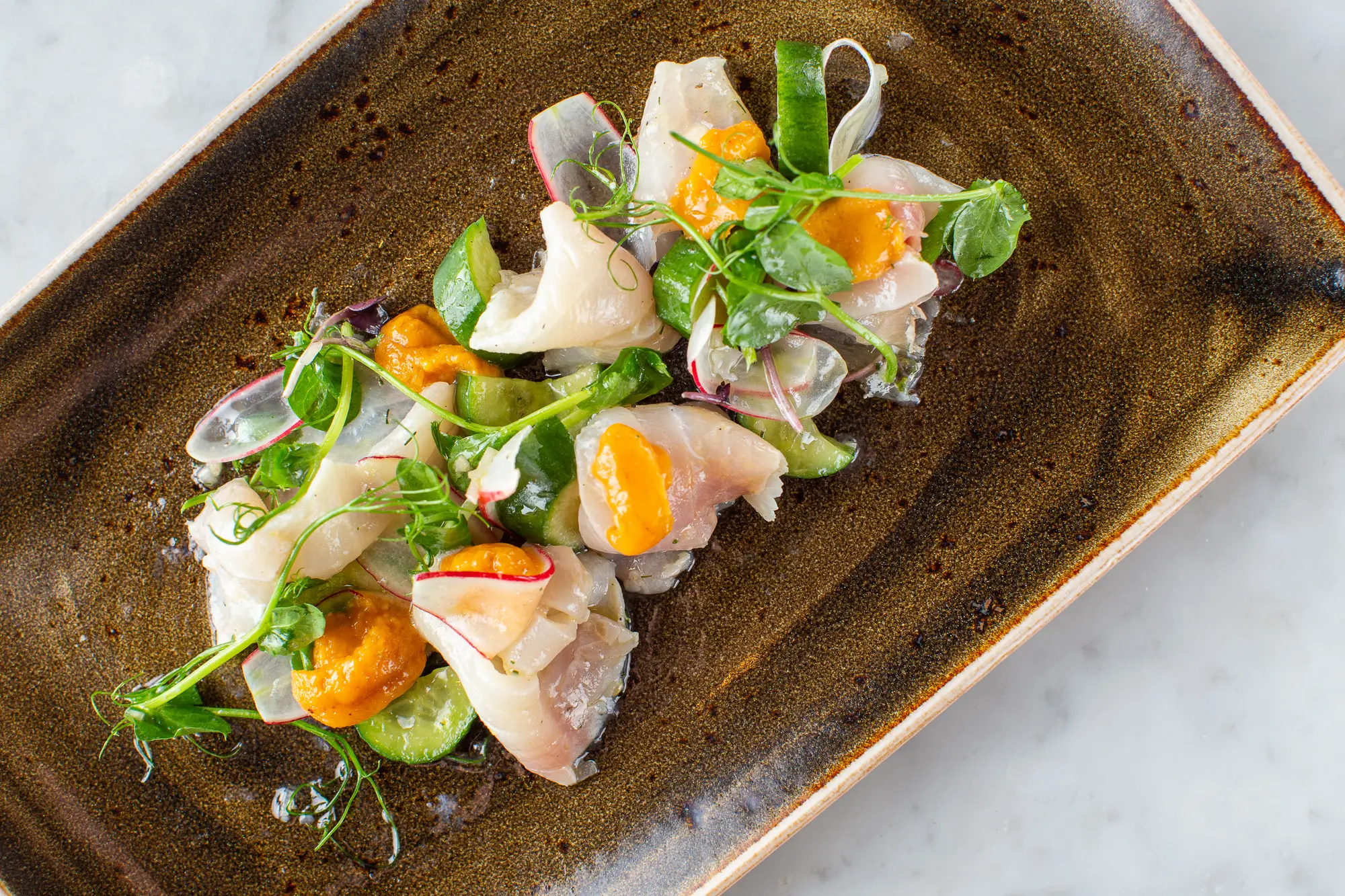 New to the Brasserie 19 menu is yellow tail and uni crudo with salted cucumber and shaved radish. (Photo by Andrew Hemmingway)