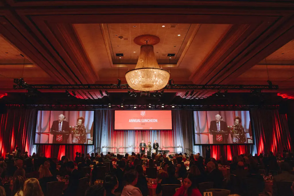 Lee Slaughter addressing the guests at the Salvation Army's Doing the Most Good Luncheon, Women’s Auxiliary Fashion Show & Luncheon 2022.