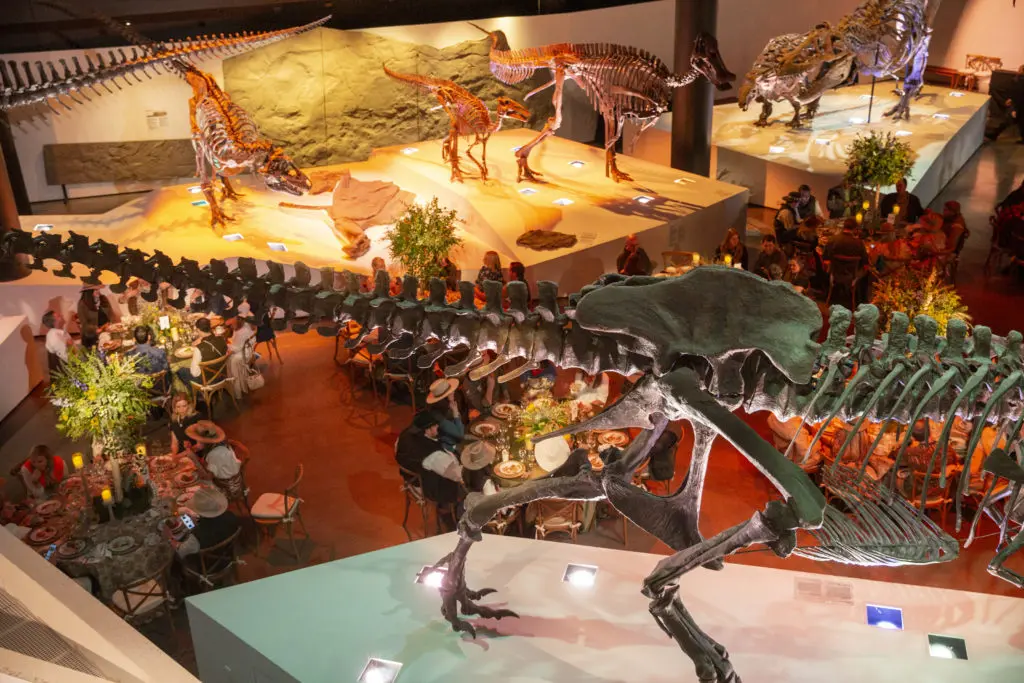 Guests dining in the Morian Hall of Paleontology at the Houston Museum of Natural Science The Great Outdoors gala (Photo by HMNS Photographer Mike Rathke)