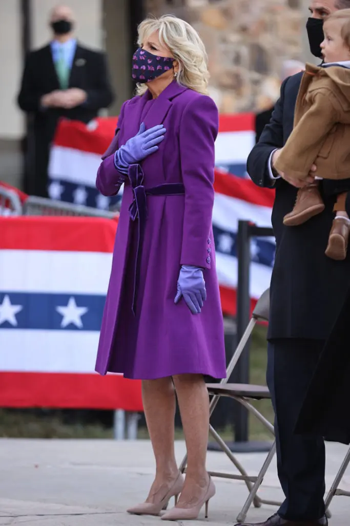 Jill Biden wore a purple coat by Jonathan Cohen as she and her husband kicked off his inauguration as the 46th President of the United States. (Courtesy photo)