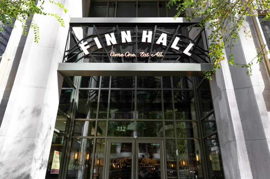 The exterior of Downtown Houston's Finn Hall Food Hall located in the Jones on Main Building. 