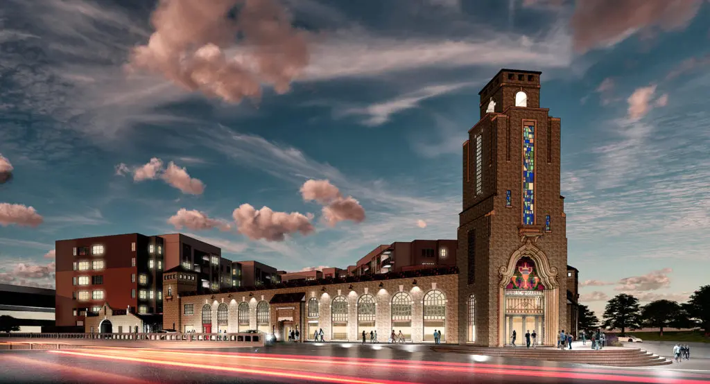 The Public Market and the restored historic building's landmark tower will be lit once again. (Rendering by BOKAPowell Architects.)
