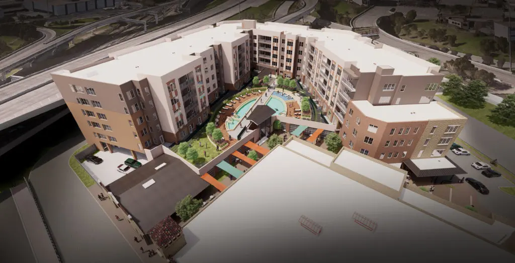 Fort Worth Public Market with plans for the fully landscaped courtyard amenity and site plan. Rendering by BOKAPowell Architects.