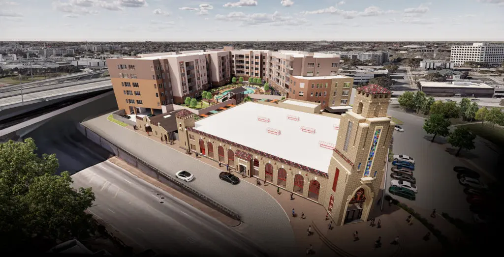 Fort Worth Public Market with a view to its new greenspace/courtyard and 200-unit apartments. Rendering by BOKAPowell Architects.