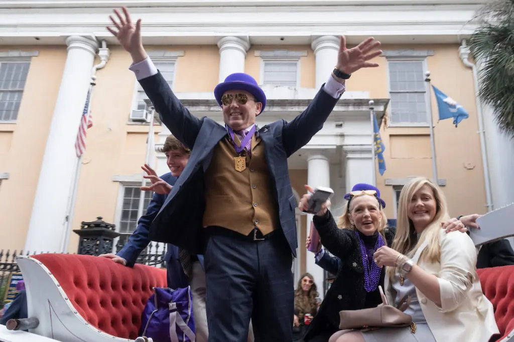 Valobra Master Jewelers' Franco Valobra, King of Hermes rides a carriage during the French Quarter walking parade in New Orleans. (Photo by Daniel Ortiz)