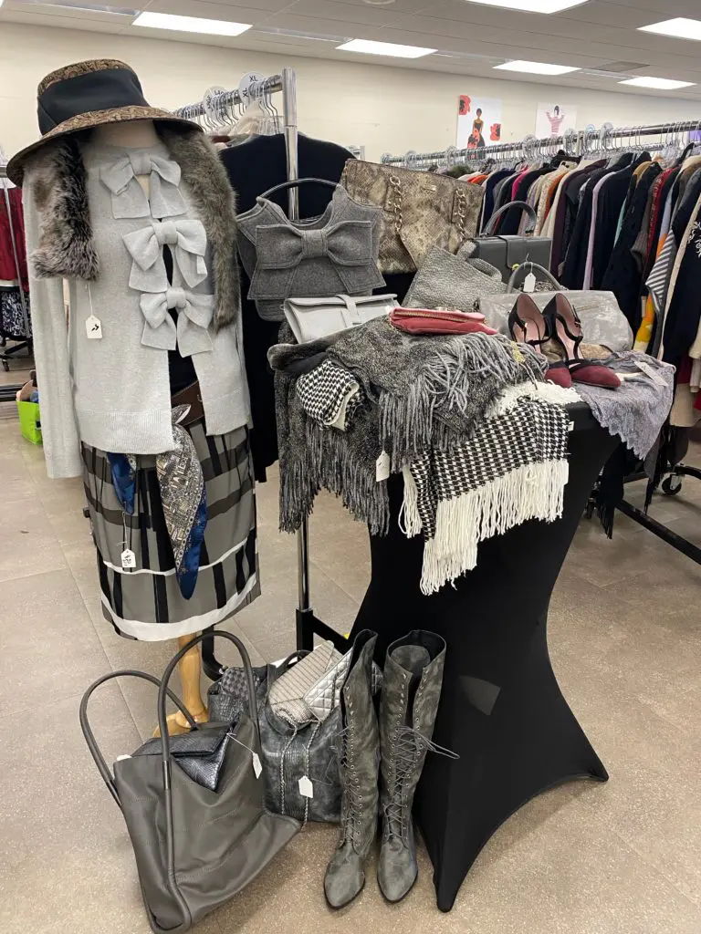 A selection of shimmering cashmere offerings at the Salvation Army Auxiliary Reflections on Style Chic Boutique