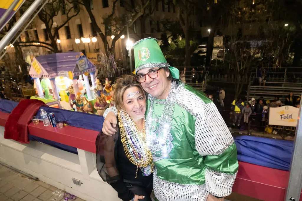Lisa & John Santasiero on the balcony at Blake Hotel for the Krewe of Hermes parade watch party (Photo by Daniel Ortiz)