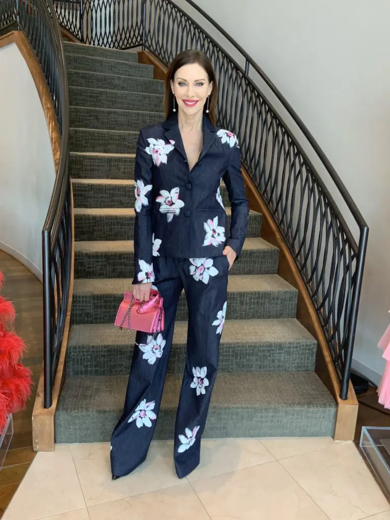 Jonathan Cohen denim pantsuit with hand painted flowers. (Photo by Jennifer Greene)