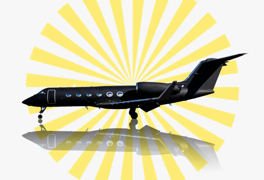 The ever-so-chic all-matte black Gulfstream IV (photo courtesy of Leviate Air Group, graphic by PaperCity)