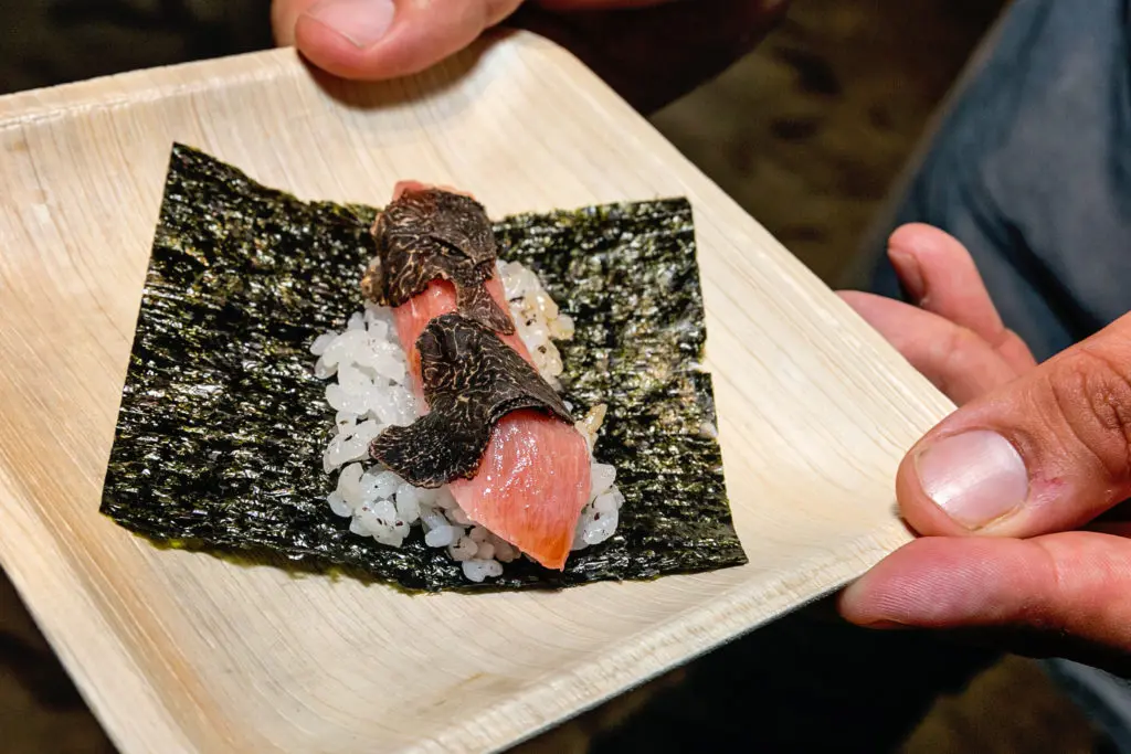 The People's Choice award went to Kata Robata and chef Manabu Horiuchi, who created a truffle and fatty tuna hand roll with mushroom sushi rice. (Photo by Emily Jaschke, zenfolio.com)