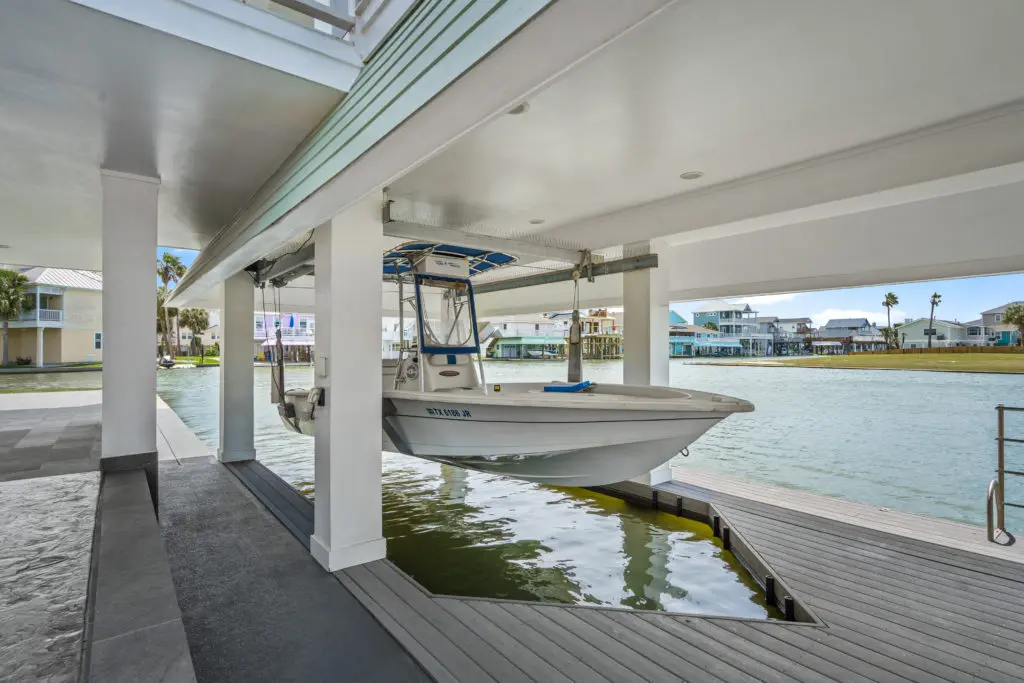Two boat houses at 16502 Bayfront Drive in Jamaica Beach (Photo by Sonya Bertolino for Douglas Elliman Realty)