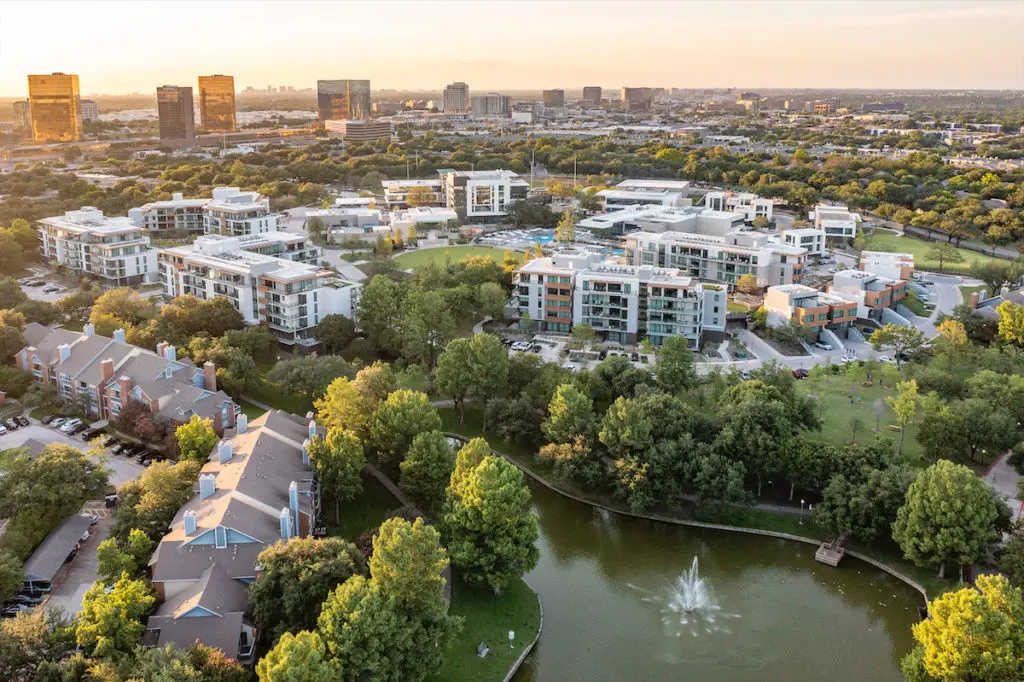 An aerial shot of The Village, a bustling neighborhood north of Lovers Lane and east of Highway 75. 