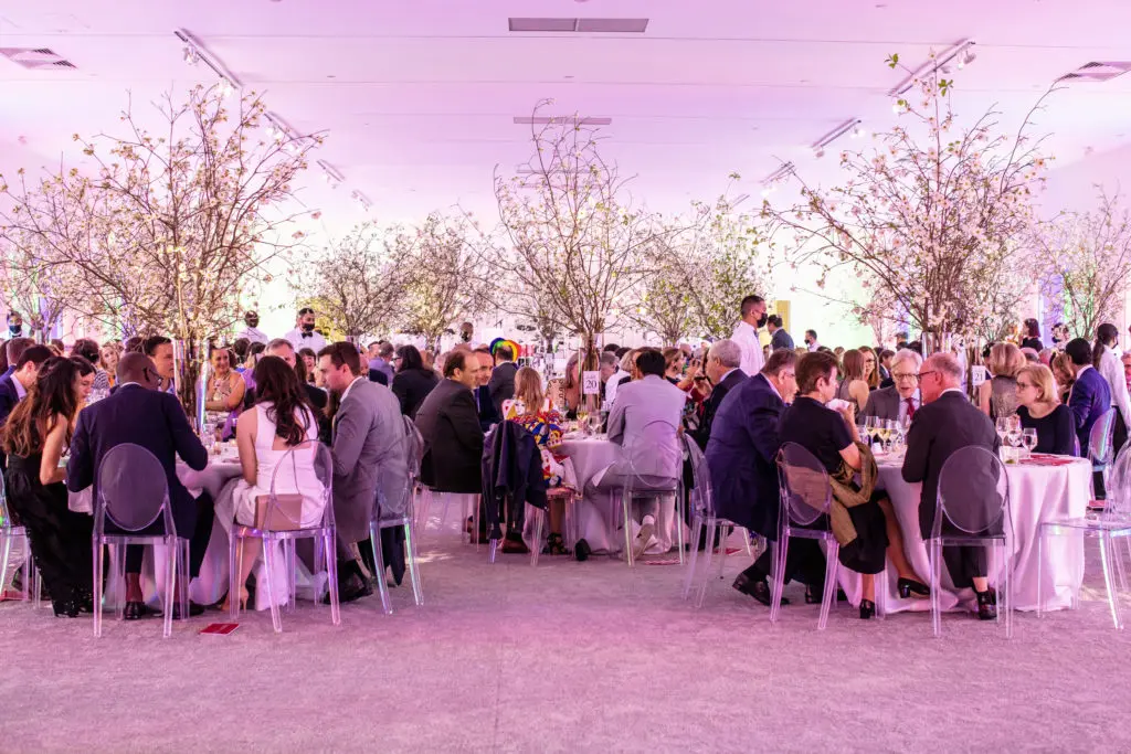 Dogwoods from Jasper, Texas, dress The Menil Collection's Richmond Hall for the Studio Menil Fun & Games evening  (Photo by Miroma Photography)