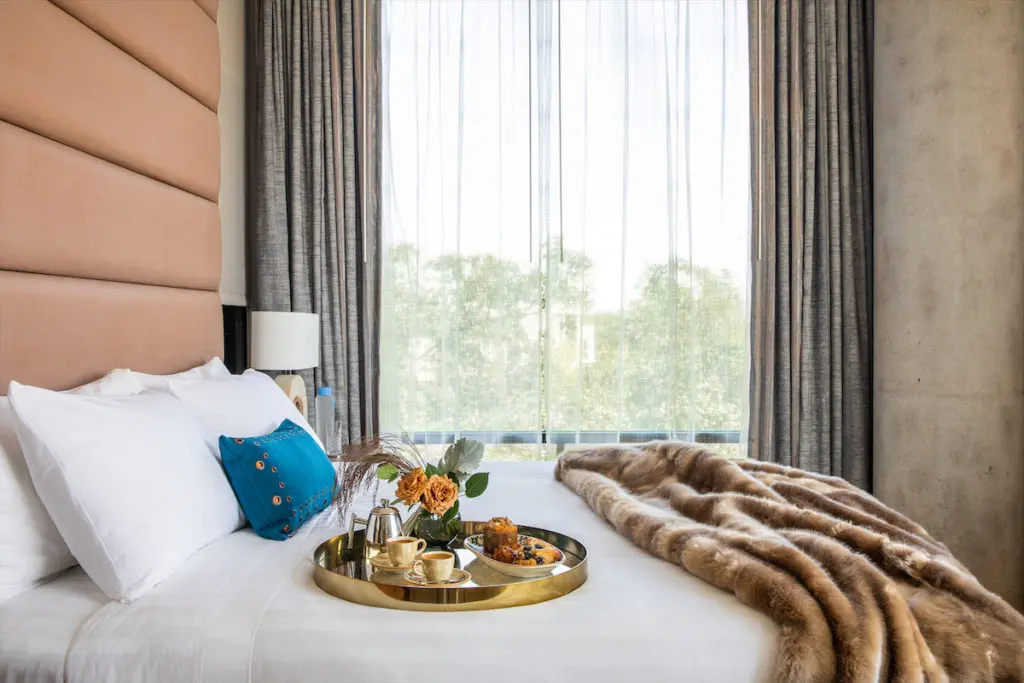 A room at the Drey Hotel, The Village's on-site boutique hotel. 