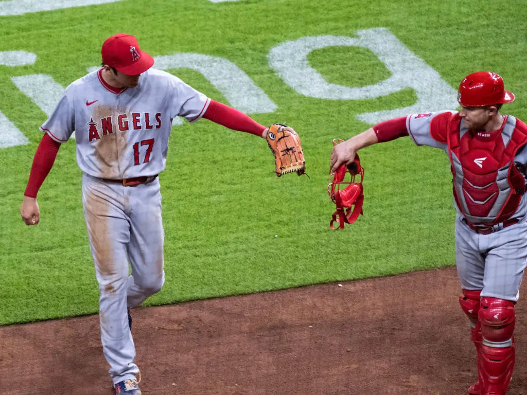 Shohei Ohtani and catcher Max Stassi, a former Astro, enjoyed every minute of this Minute Maid Park night. (Photo by F. Carter Smith) 