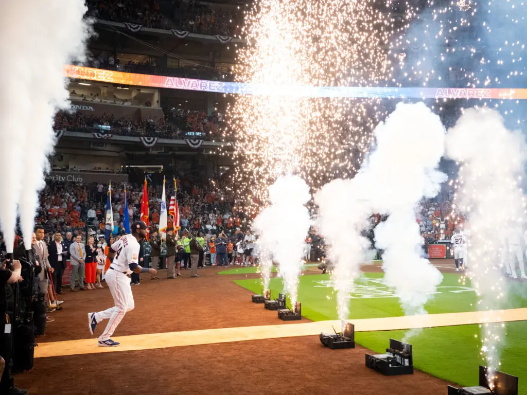The home opener — and ring night — meant plenty of pomp and circumstance for Houston Astros like Yordan Alvarez. (Photo by F. Carter Smith)