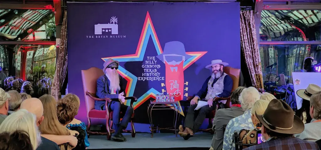 Rock legend Billy Gibbons is interviewed by John Bryan on night one of the Bryan Museum gala in Galveston  (Photo by Michael Mckenny) 
